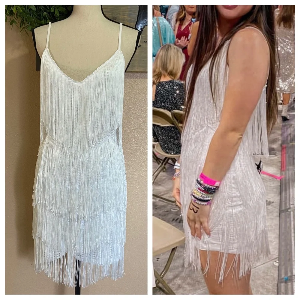NWOT Lulus Get in the Groove White Sequin Fringe Bodycon Dress